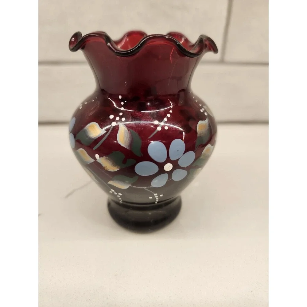 Vintage Anchor Hocking Royal Ruby Hand Painted‎ Bud Vase With Flowers 4 Inches